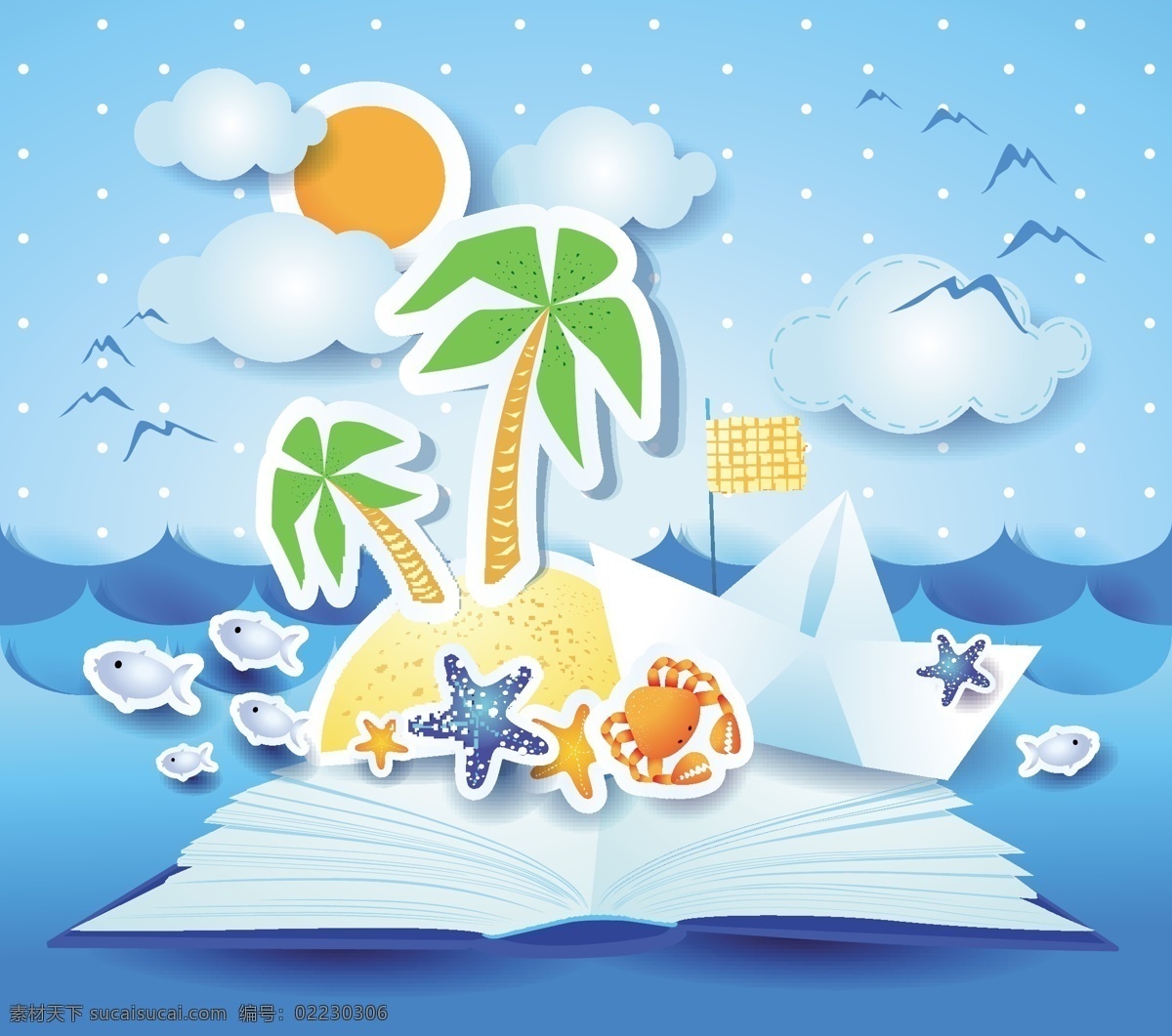 夏天 海滩 背景 矢量 海水 海星 卡 旗帜 书籍 太阳 贴纸 云 蟹 鱼 棕榈 纸 纸小船 矢量图 花纹花边