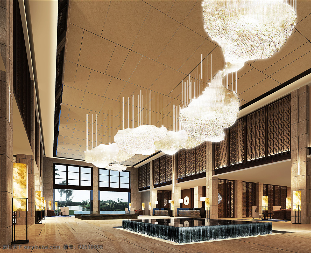 大堂 3d设计 3d作品 灯 雕花 工装 酒店 大堂设计素材 大堂模板下载 水池 装饰素材 灯饰素材