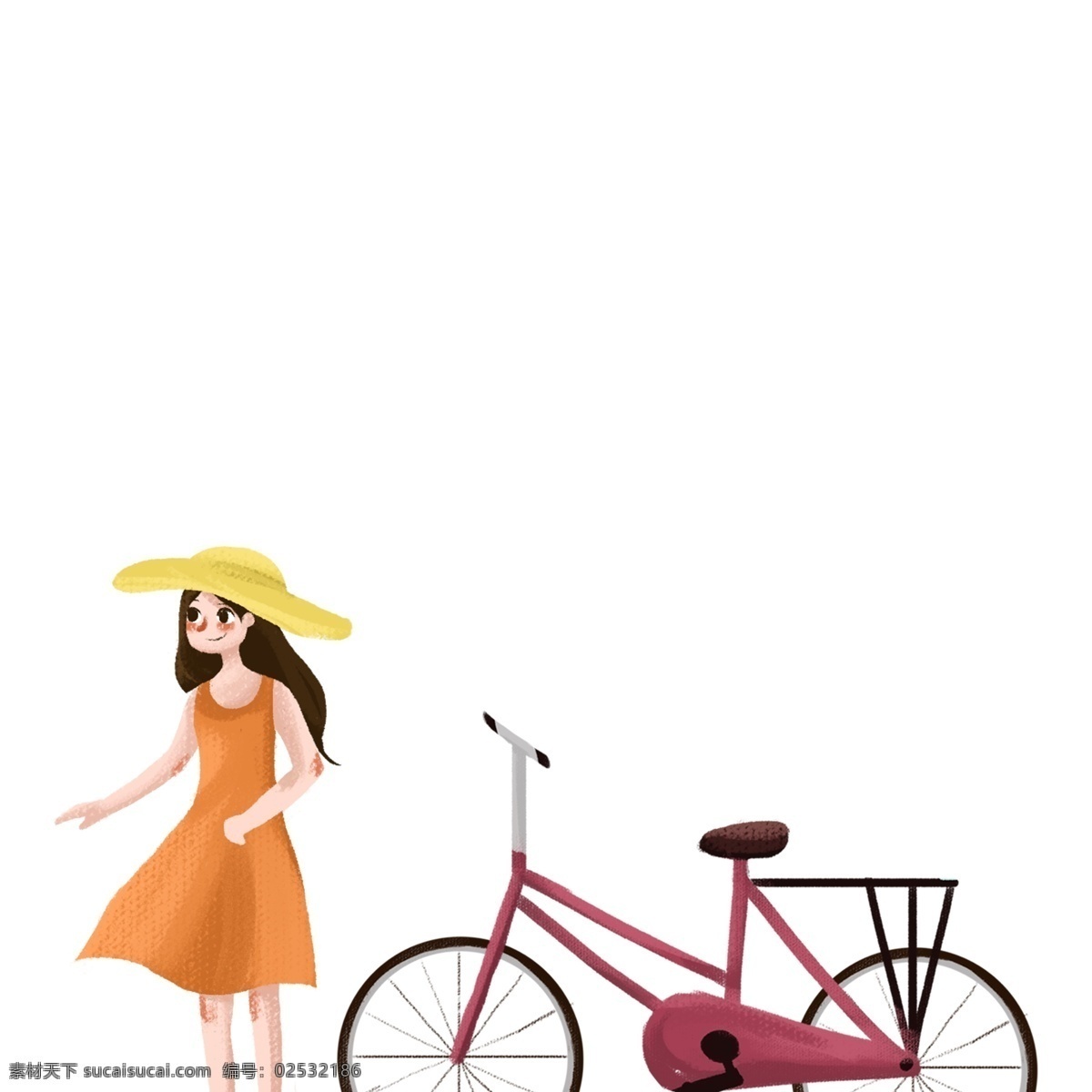 准备 出去 骑 单车 女孩 免 扣 图 骑单车出去 女孩免扣图 橙色连衣裙 戴帽子的女人 红色单车 长头发 戴草帽的