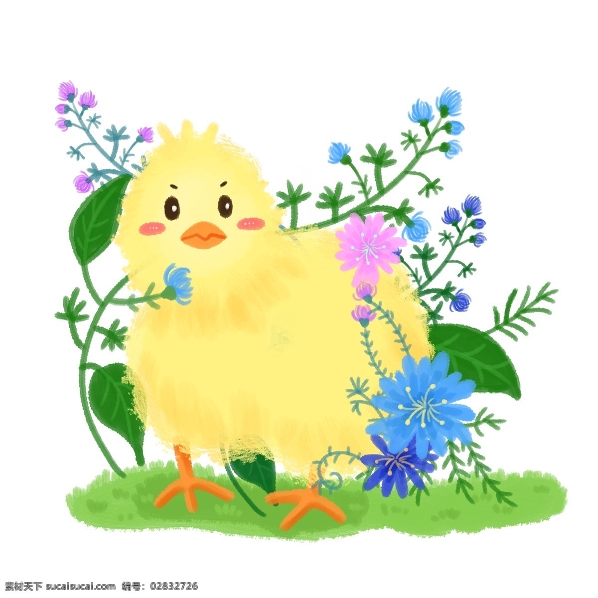 春天 植物 动物 小鸡 插 画风 插画风 春季 春 花 叶子 绿色 紫色 蓝色 黄色 鸡 小鸡仔 可爱