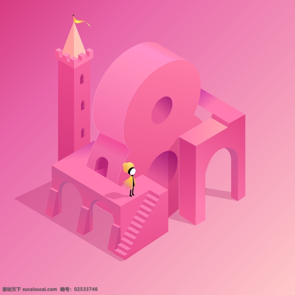 八月 主题 风格 插画 d 建筑 场景 壁纸 粉红 2.5d 8月 手绘