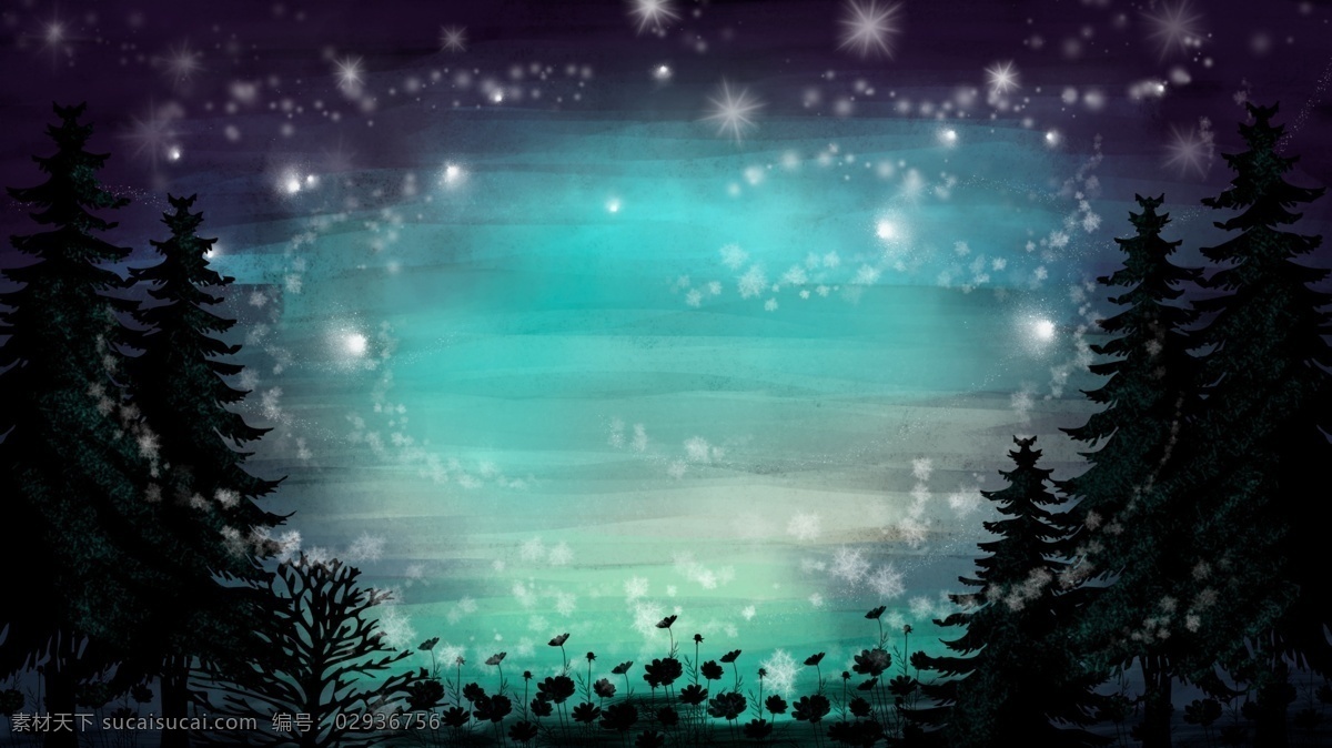 夜晚 绿色 树木 荧火 虫 卡通 背景 荧火虫