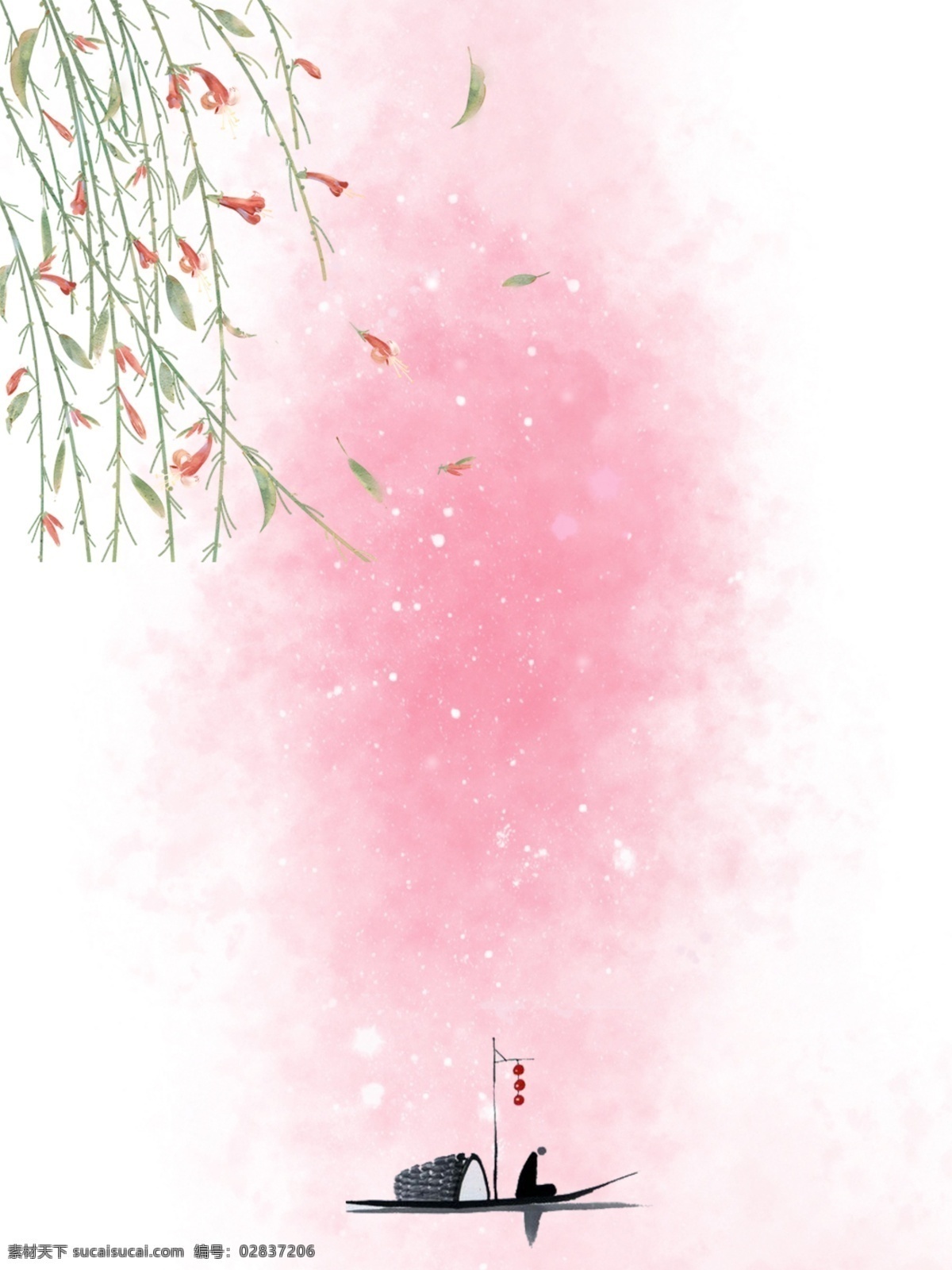 中国 风 水墨 渔船 爆 竹花 雪花 中国风 古典 唯美 浪漫 古风 典雅 爆竹花 粉色 白色