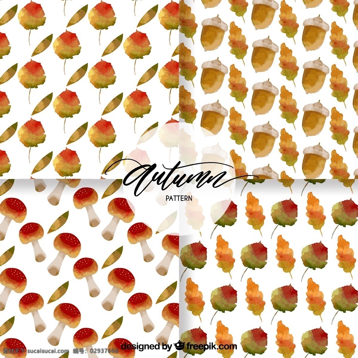 橡子 水彩 秋天 模式 叶和蘑菇 背景 图案 树叶 自然 可爱 五颜六色 装饰 多彩的背景 无缝图案 自然背景 图案背景 马赛克
