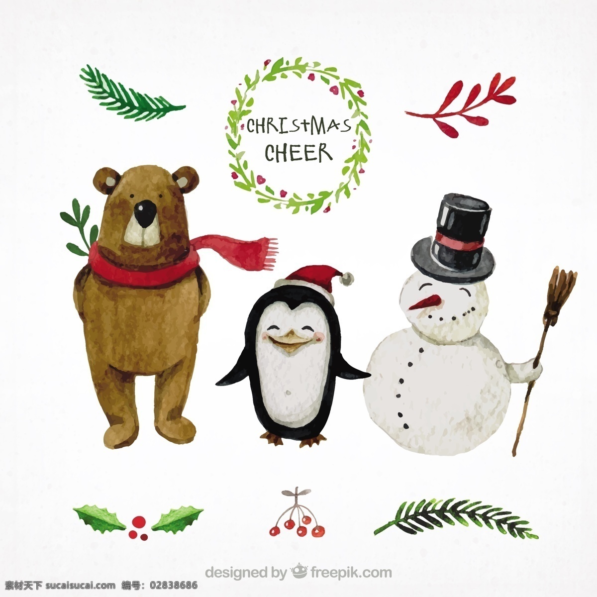 手绘圣诞人物 圣诞节 水彩 一方面 圣诞快乐 冬天 油漆 快乐 性格 熊 庆祝节日 雪人 企鹅 节日快乐 人物 季节 十二月 手绘 白色