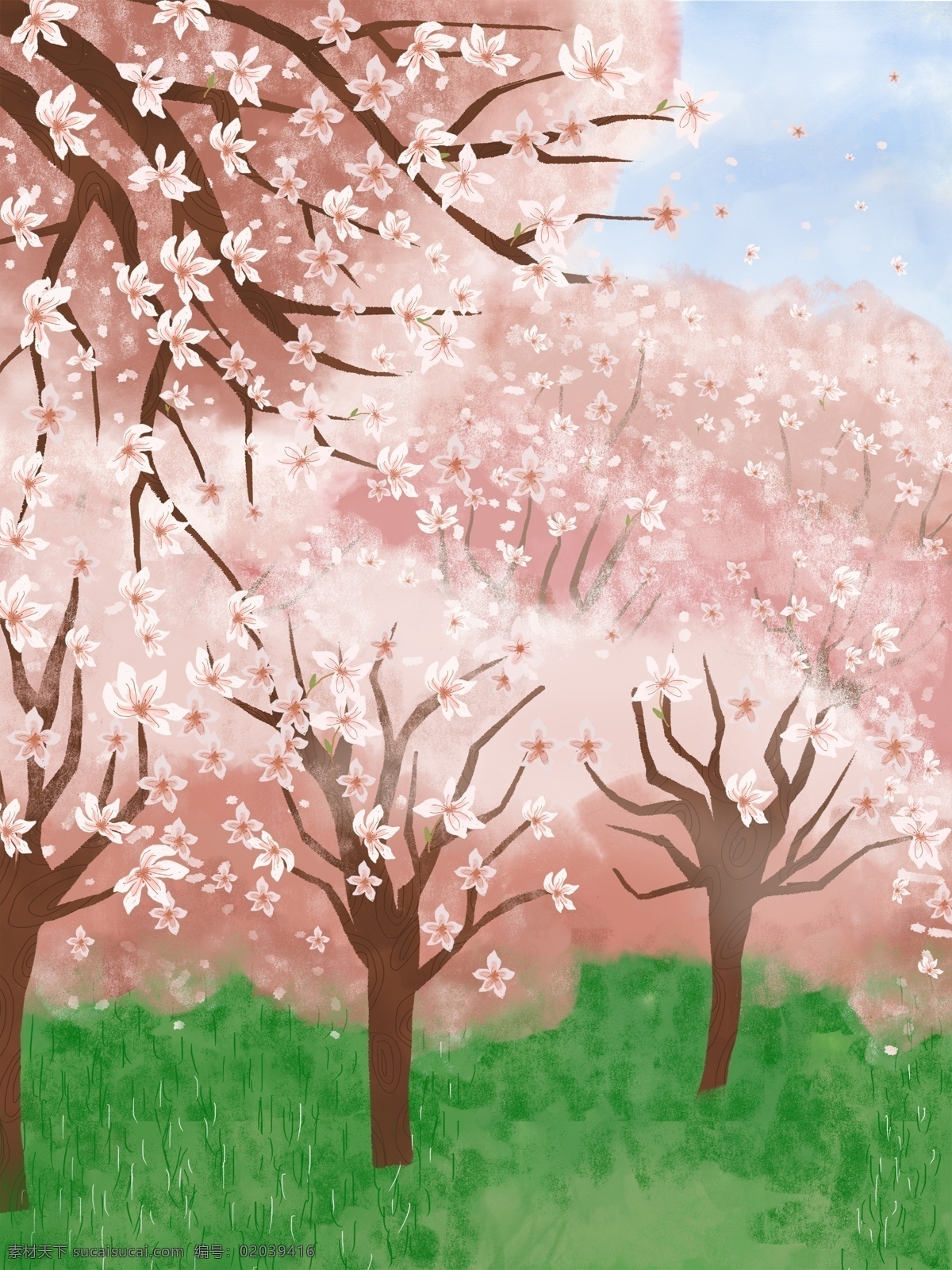 清新 风 桃花 展板 背景 桃树背景 桃花背景 粉色背景 风景背景 插画背景 草地背景 通用背景