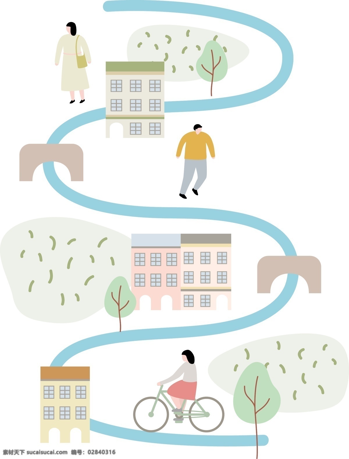 矢量城市插画 背景 墙纸 装饰 装修 无缝的 时髦的 向量 粉彩 插图 景观 城市景观 建筑 人物 河流 地图