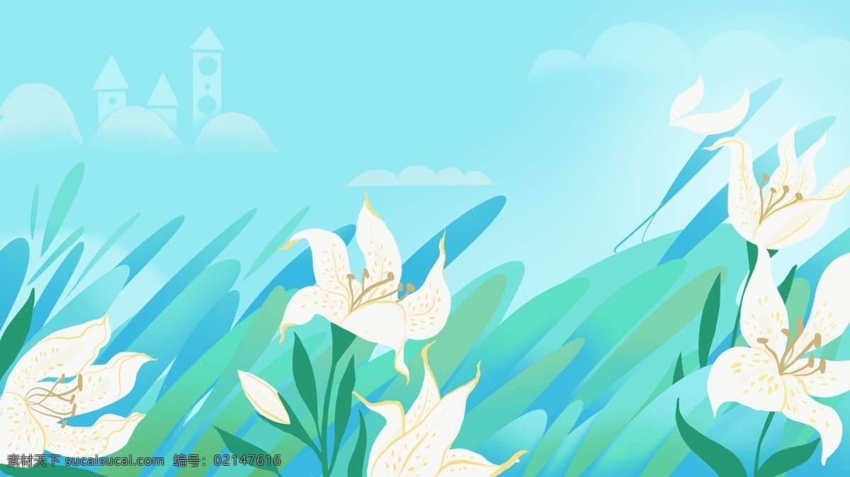 手绘 花丛 蓝色 背景 山峰 蓝色背景 背景素材 广告背景 蓝天 早春背景