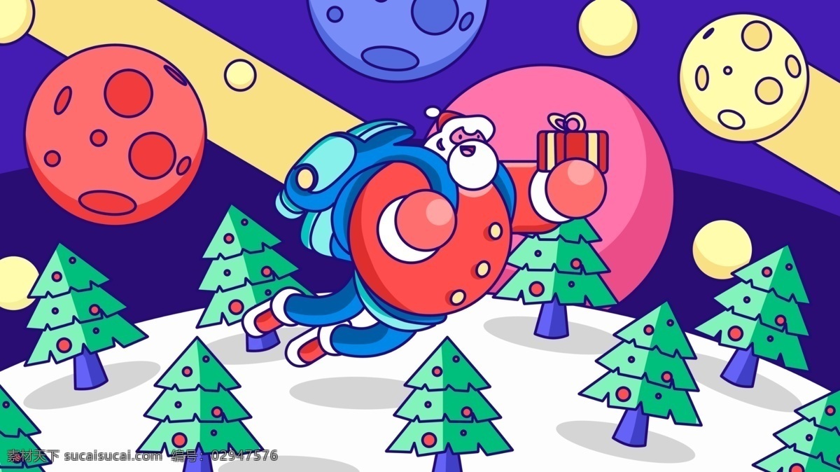 圣诞节 圣诞老人 卡通 涂鸦 礼物 礼盒 礼品 飞行 麋鹿 雪橇 星球 平安夜 圣诞