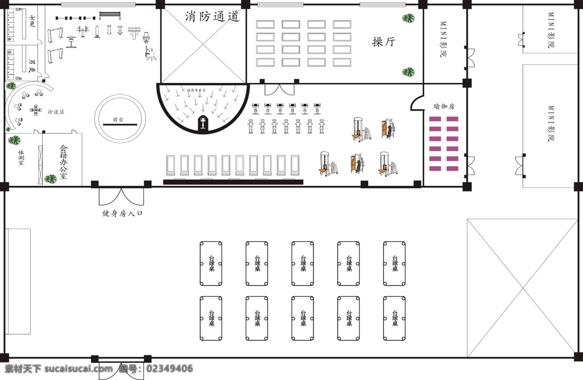 健身房 平面图 建筑家居 平面 器械 室内设计 线条 瑜伽 矢量 模板下载 健身房平面图 psd源文件