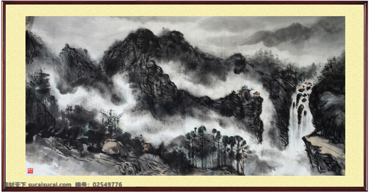 风景画 国画山水 绘画书法 建筑物 流水 美术作品 瀑布 群山 水云间 中国画 山 石 云雾 纸本设色 山水画 亭子 迷雾 白雾 石山 远树 杂树 树木 远山 山峰 石头 石块 印章 陈强 国画作品 文化艺术 家居装饰素材 雕刻 图案