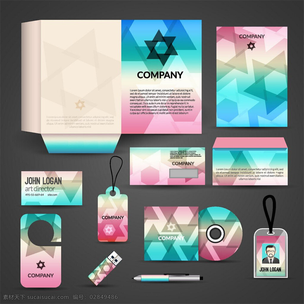 彩色 三角形 vi 笔记本 卡片 纸袋 桌面 vi素材 创意vi设计 公司vi设计 vi设计 矢量素材