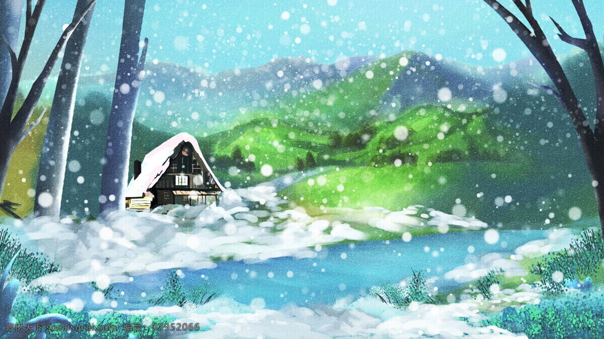 蓝色 清新 树林 河 流下 大雪 背景 背景素材 卡通背景 雪花 插画背景 河流 小河 广告背景 psd背景 手绘背景