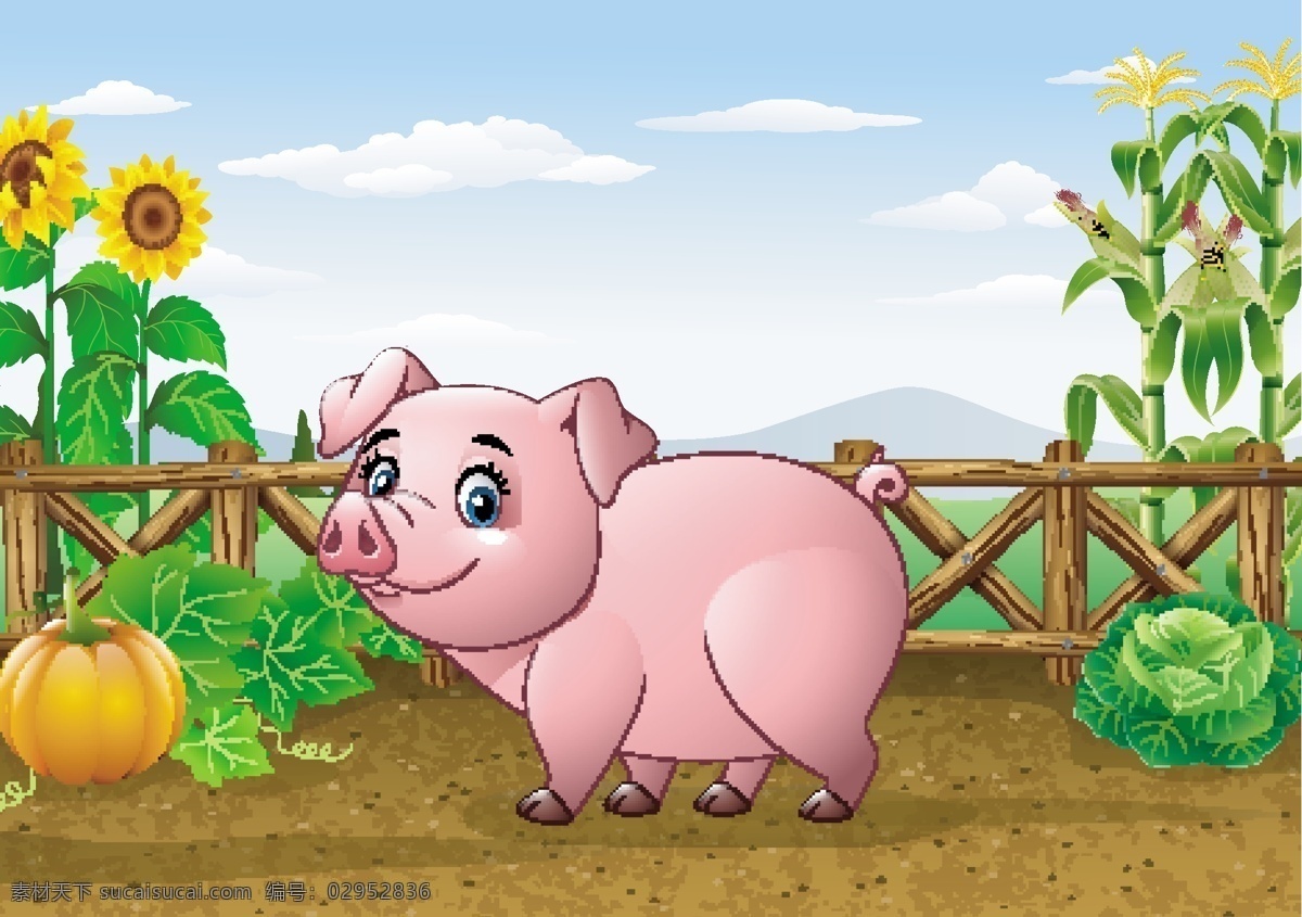 卡通畜牧农场 卡通农场 畜牧业 卡通家畜 卡通动物 农场 蓝天 草地 大山 绿色 花朵 白云 农业 卡通设计