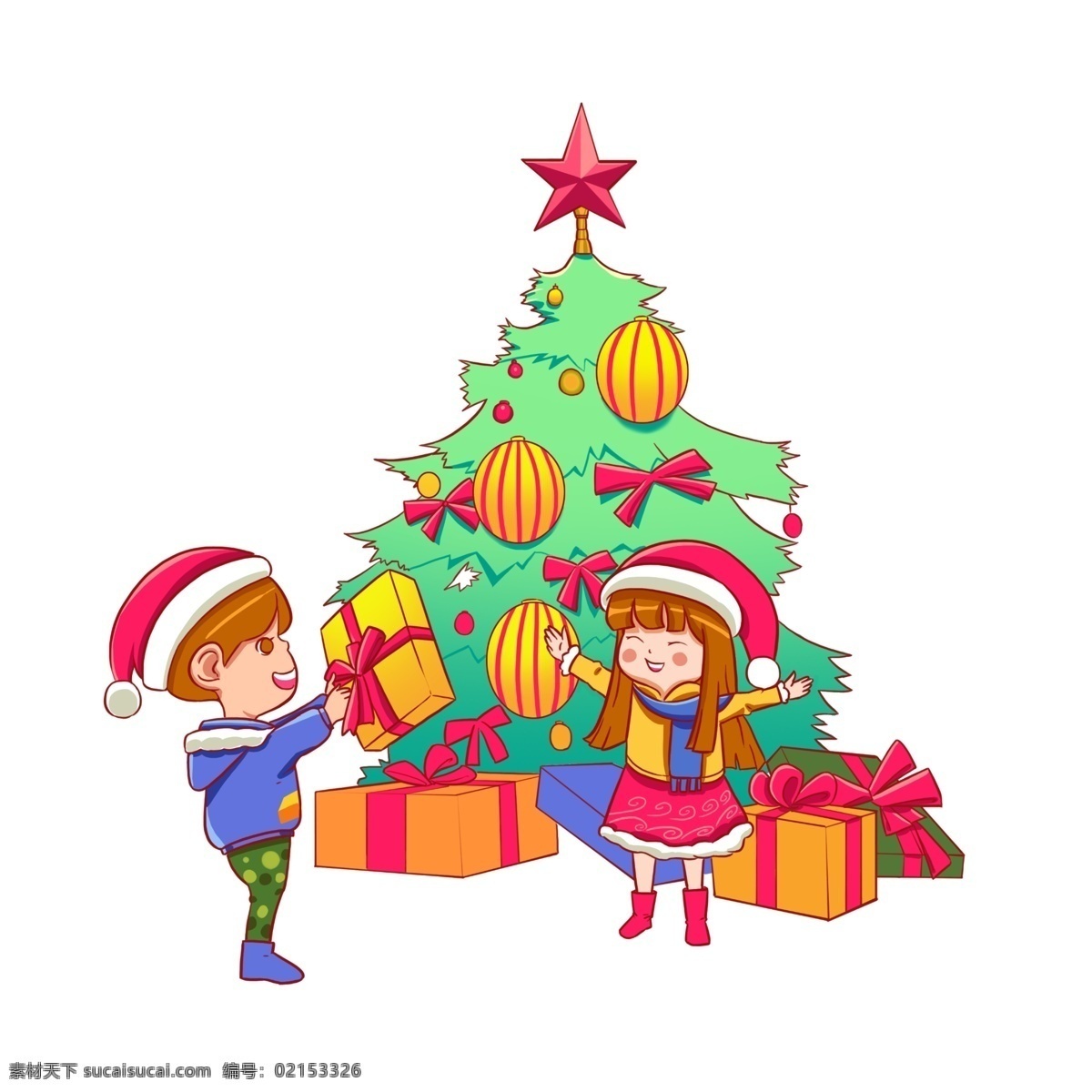 圣诞节 收到 圣诞 礼物 男孩 女孩 圣诞树 冬季 冬天 装饰 圣诞老人 礼物盒 男孩女孩 圣诞礼物 传统节日 送礼物 卡通形象
