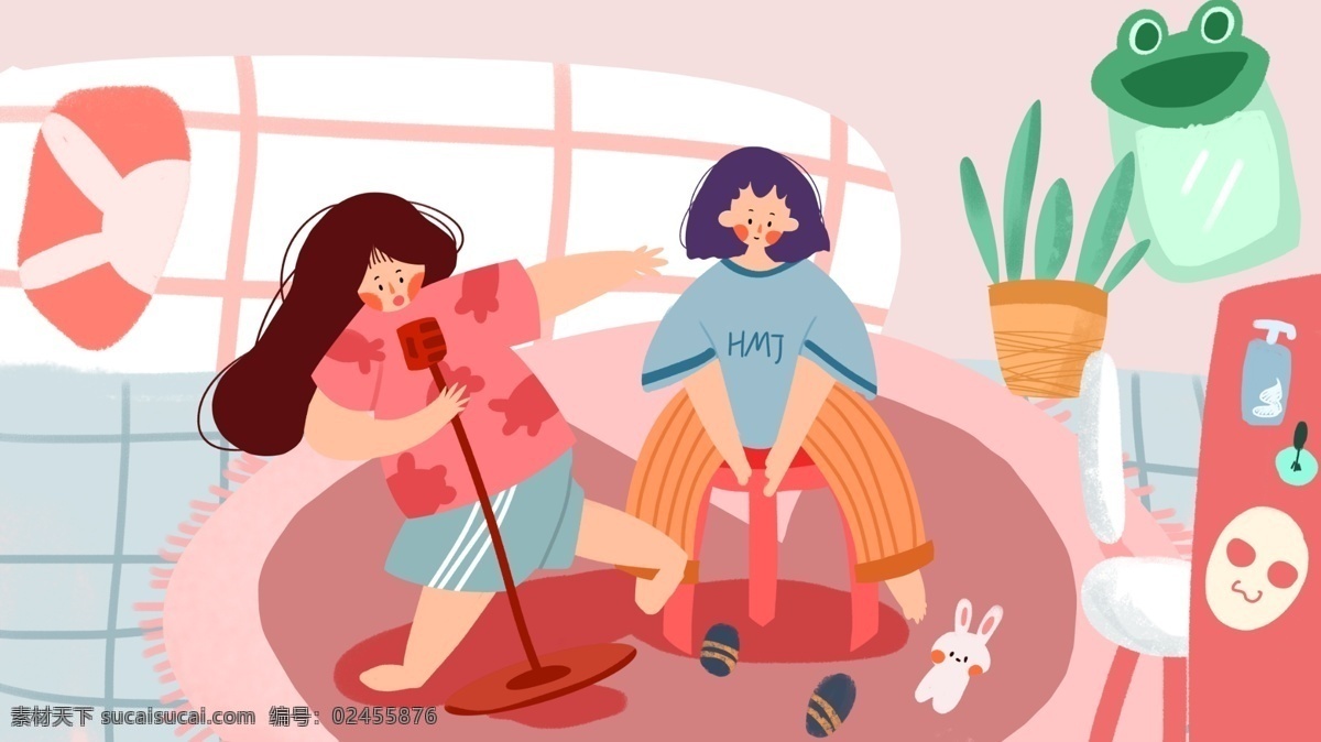 在家 唱歌 女生 卡通 背景 休闲 娱乐 跳舞 闺蜜