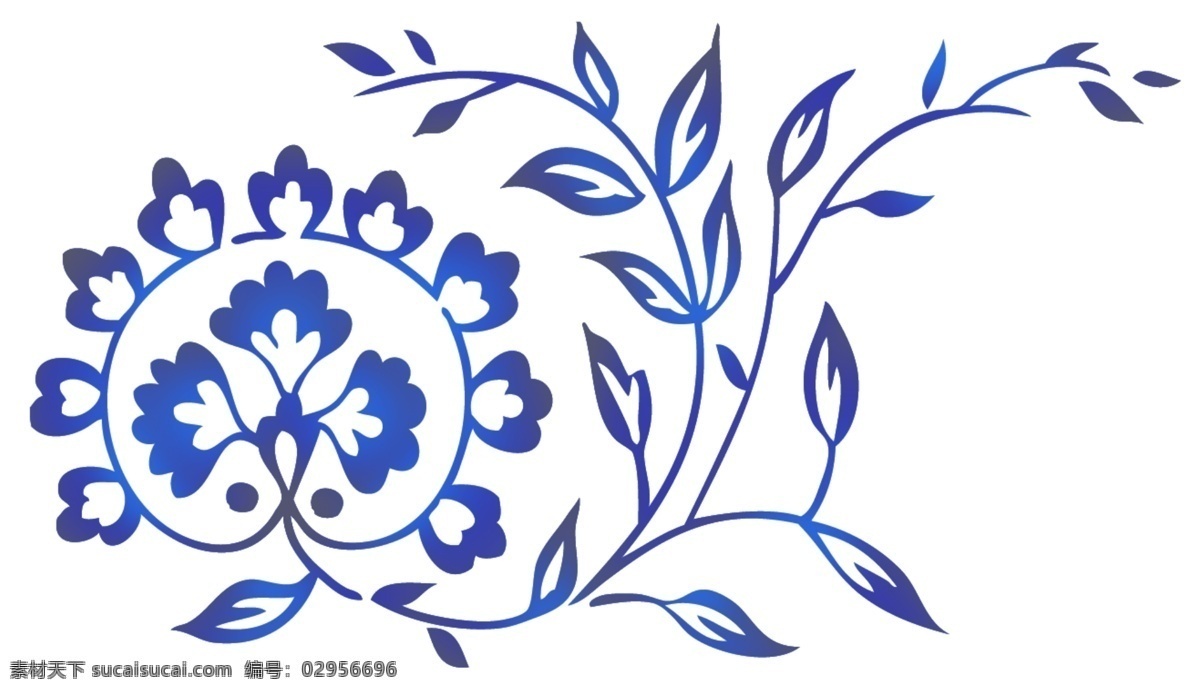 瓷器花纹 陶瓷花纸 花儿 蓝色花 叶子 分层 源文件库