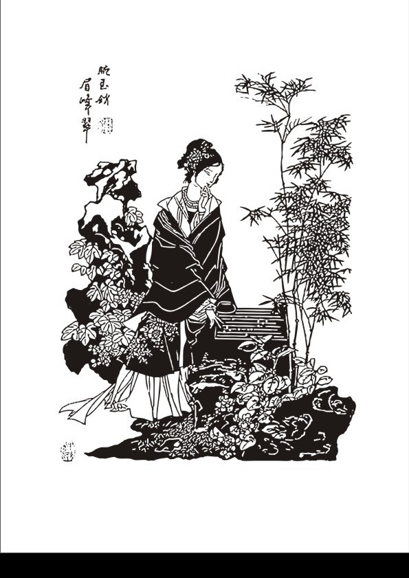 仕女线描图 古代美女 美女图案 眉峰翠 仕女赏花图 cdr格式 矢量人物 妇女女性 矢量图库
