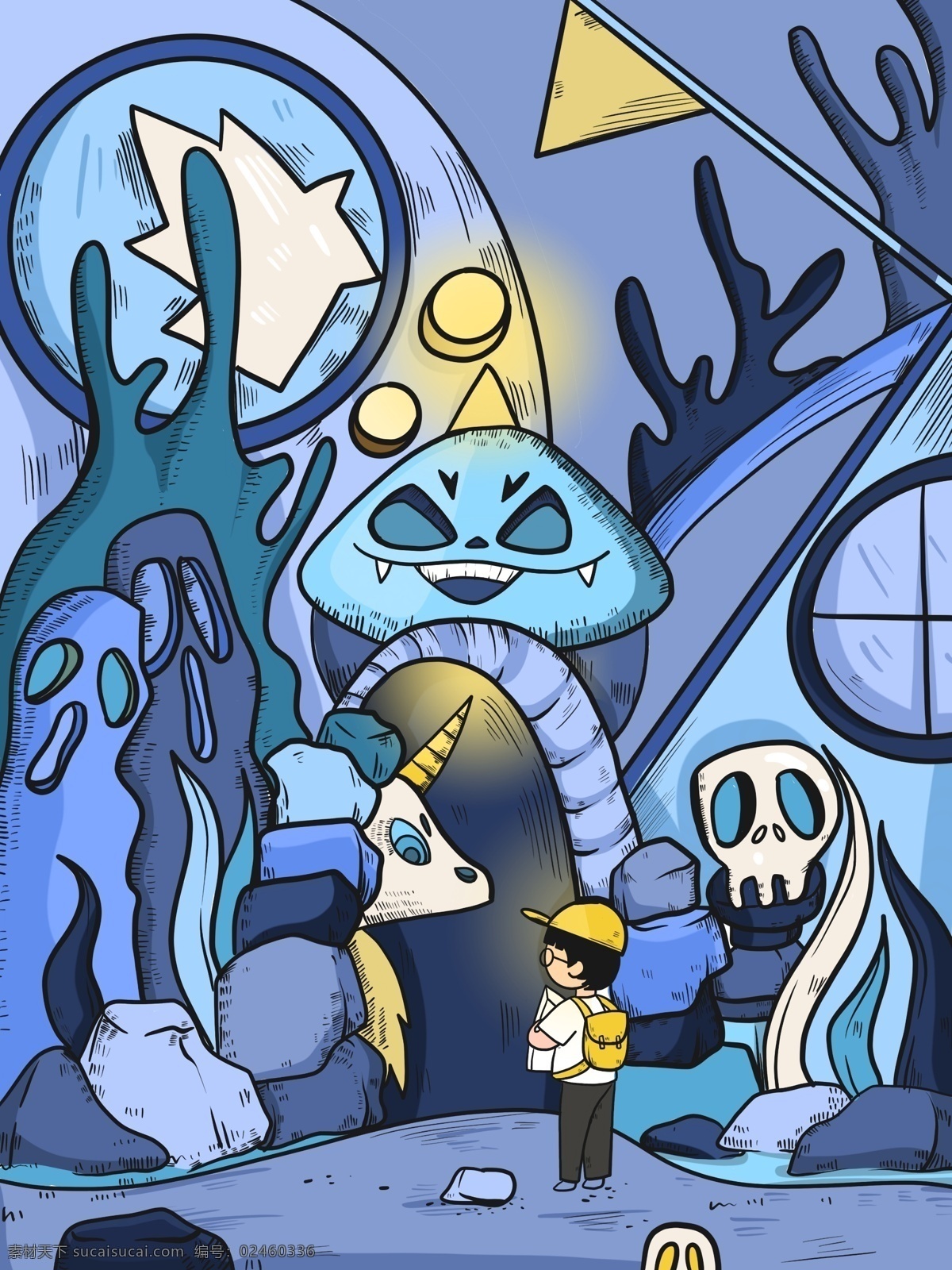 童年 幻想 独角兽 小孩 可爱 描 线 插画 描边 海底 蓝色 童年幻想
