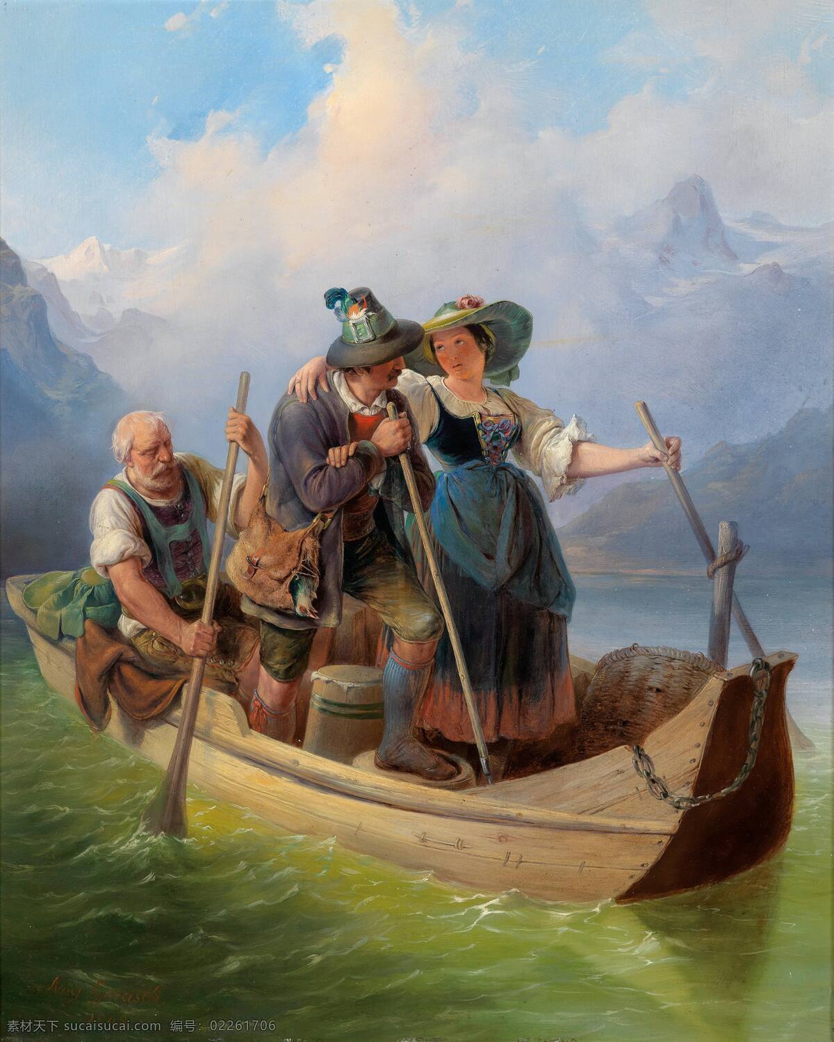 过河 群山环绕 船上 老人划船 一男一女 打情骂俏 19世纪油画 油画 文化艺术 绘画书法