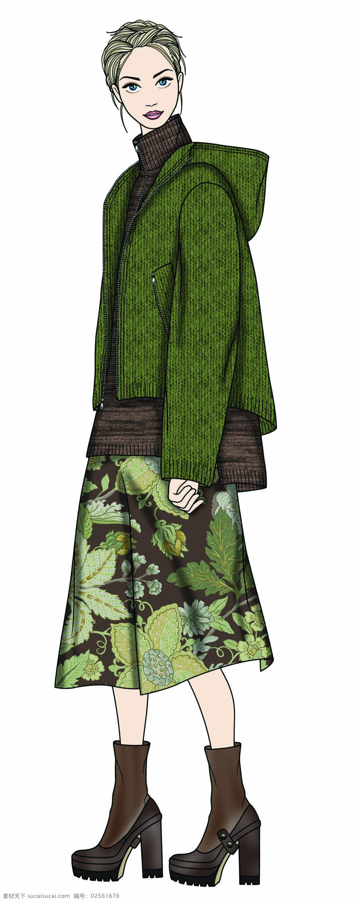 成熟 绿色 短外套 女装 服装 效果图 服装效果图 绿色短外套 上衣 深色鞋子 鞋子