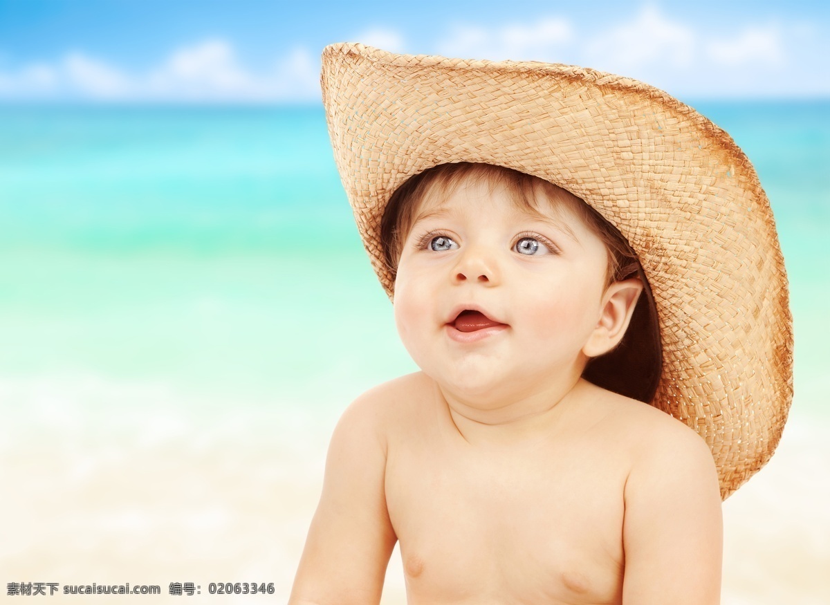 美丽 海滩 宝宝 戴帽子的宝宝 小男孩 婴幼儿 外国儿童 宝宝图片 人物图片