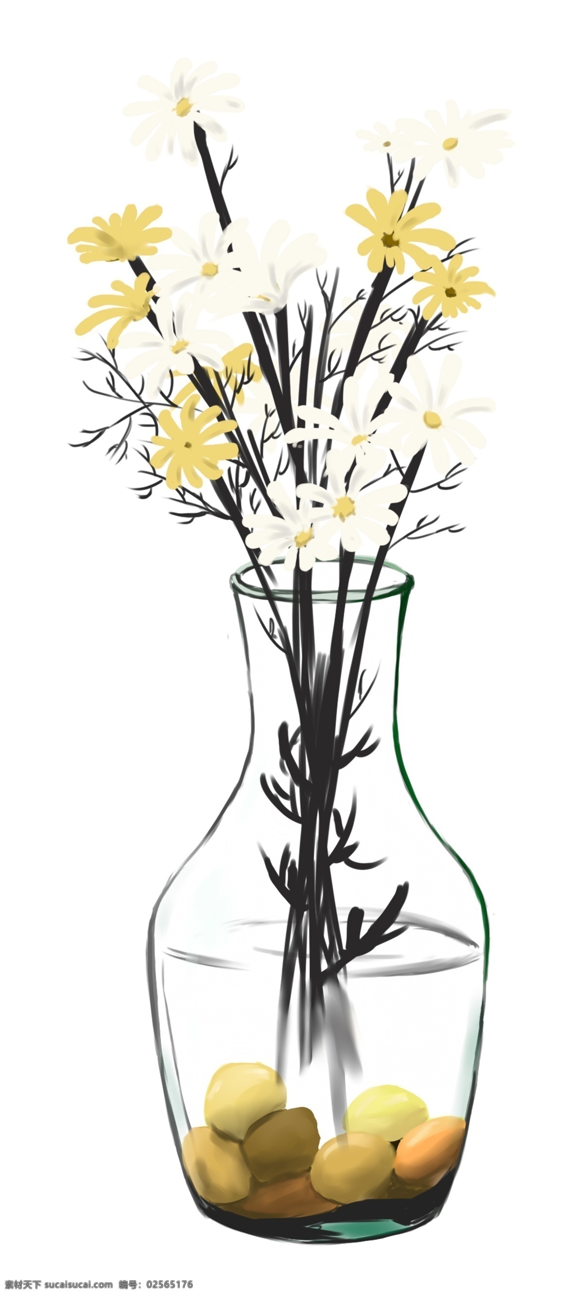 手绘 花瓶 盆栽 装饰 花朵 玻璃瓶 白花 黄花 母亲节 石头 鹅卵石 情人节 瓶子 花瓣 树枝 花 向日葵 植物