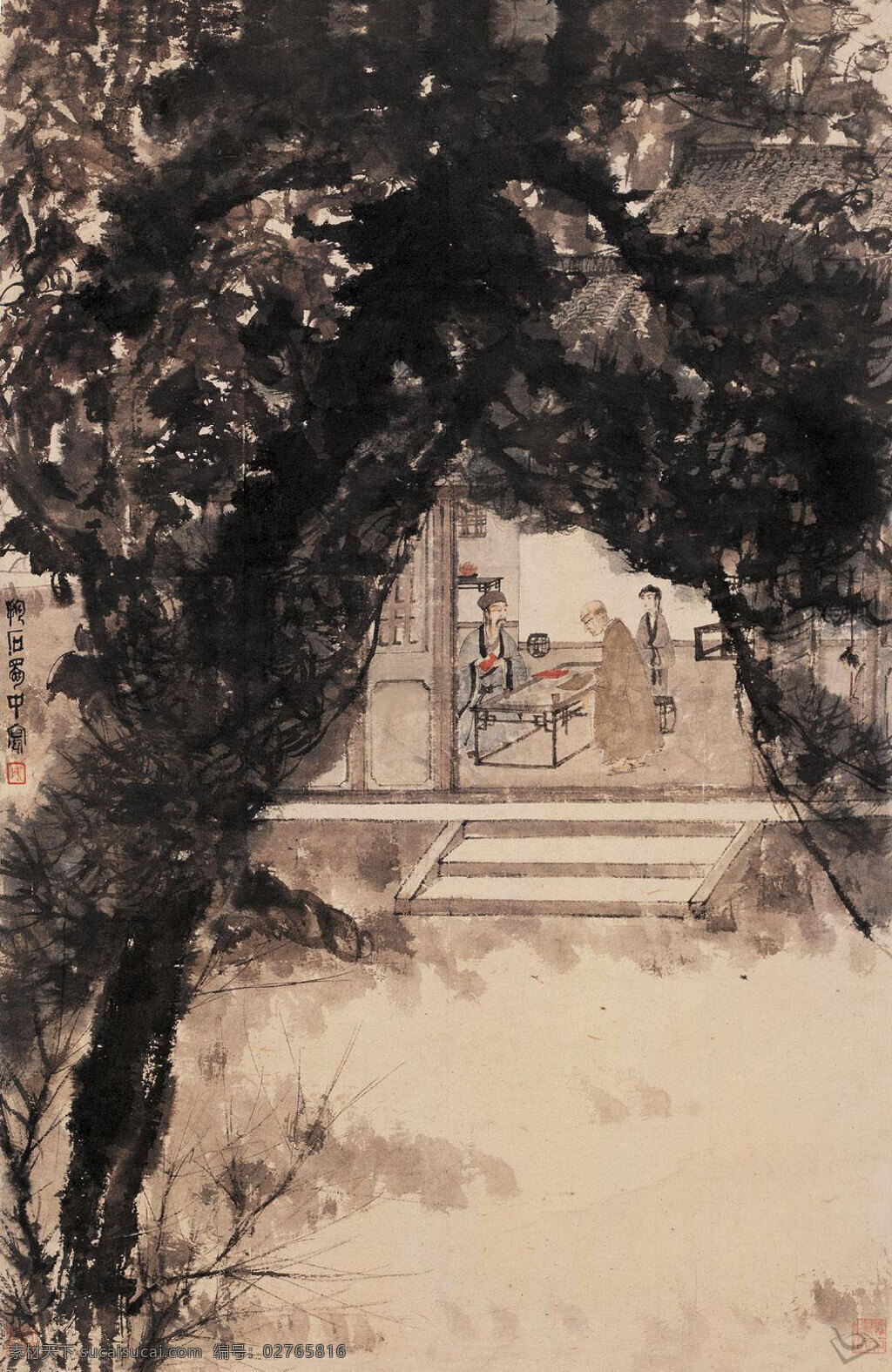 布施图 傅抱石 国画 施主 和尚 仆人 厅堂 台阶 大树 庭院 绘画书法 文化艺术