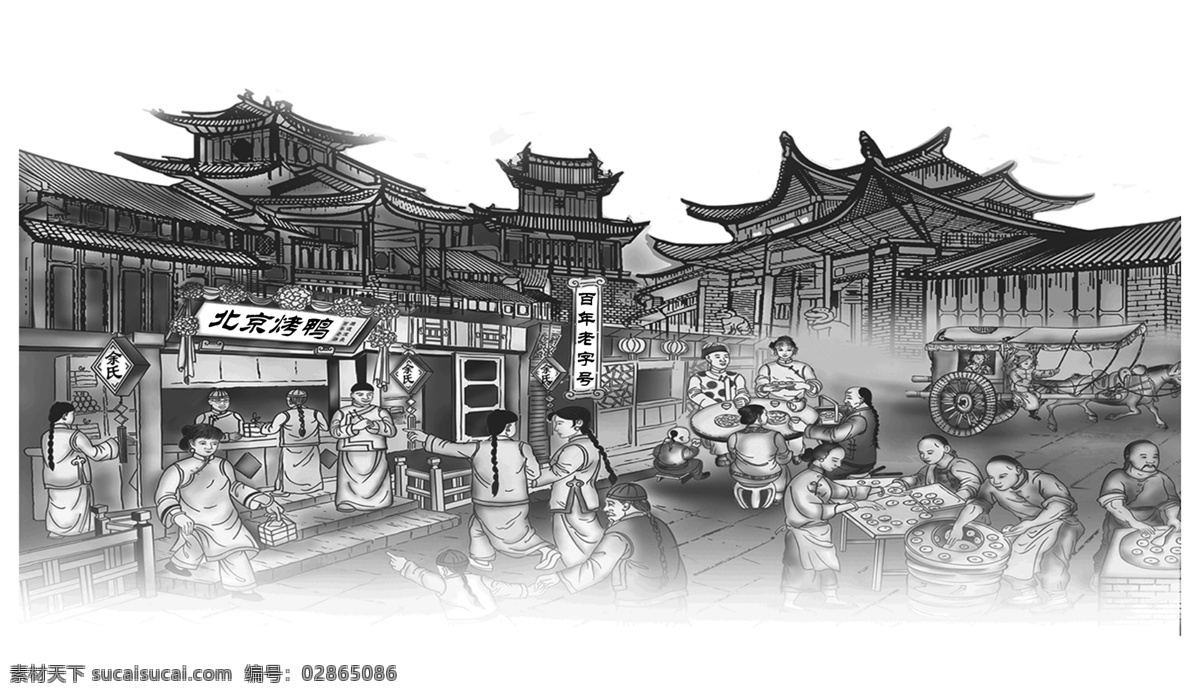 古代人物 古人 集市 古画人物 北京烤鸭 老字号 开店 闹市 开市 老人 分层