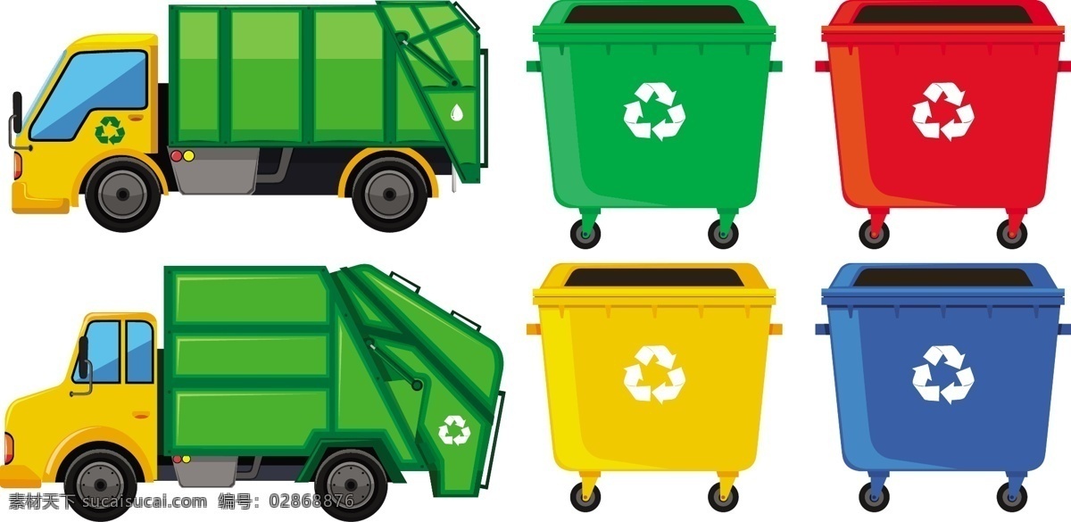四 种 颜色 垃圾车 罐头 卡车 艺术 绘画 插图 垃圾