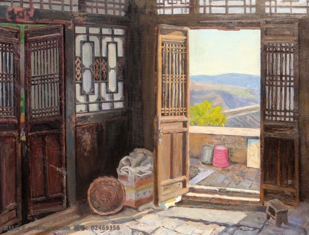 黄土地之韵 美术 油画 乡村 西北民居 农家 房间 门口 山岭 油画艺术 油画作品47 绘画书法 文化艺术