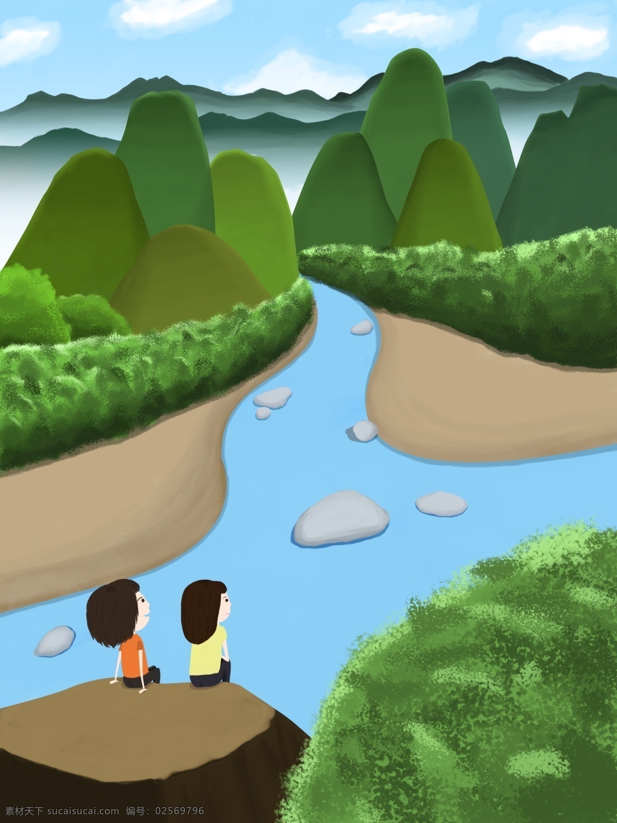 原创 插画 踏青 郊游 旅游 爬山 风景 绿色 卡通 手绘 春季 传统节日 山林