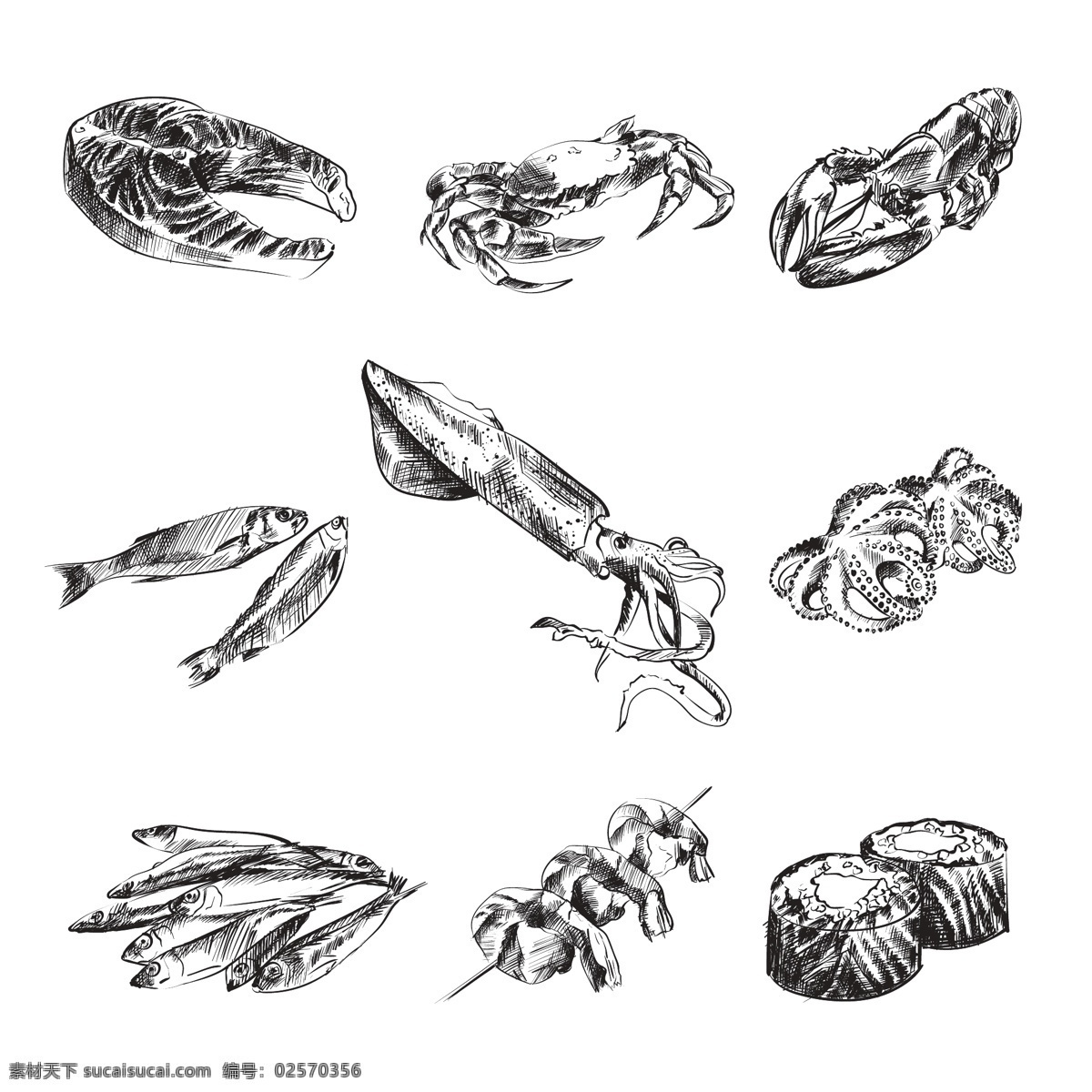 黑白 手绘 海鲜 食 材 插画 元素 三文鱼 螃蟹 龙虾 鱿鱼 章鱼 寿司