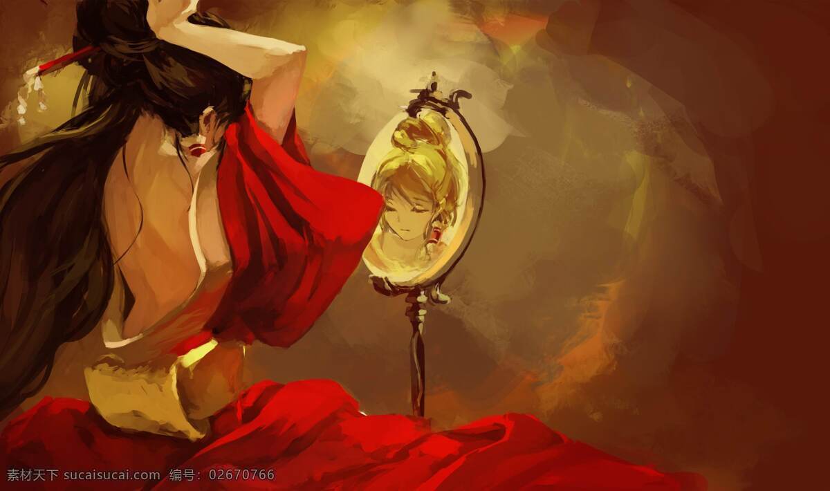 对镜梳妆 和服 镜子 铜镜 美女 古装 古典 性感 长发 红色 手绘 动漫人物 动漫动画