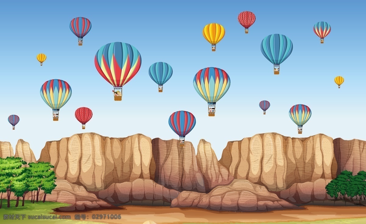 卡通气球插画 卡通 悬崖 气球 平面设计 树