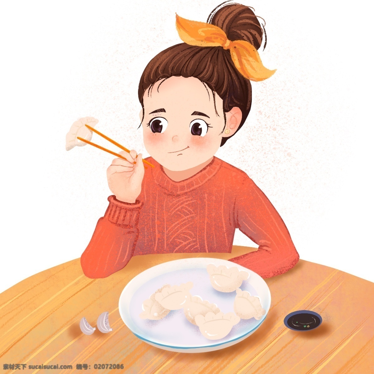 手绘 吃 饺子 小姑娘 插画 卡通 女孩 桌子 冬季 小女生 吃饺子 醋 打算 一盘饺子 大蒜 筷子 冬至