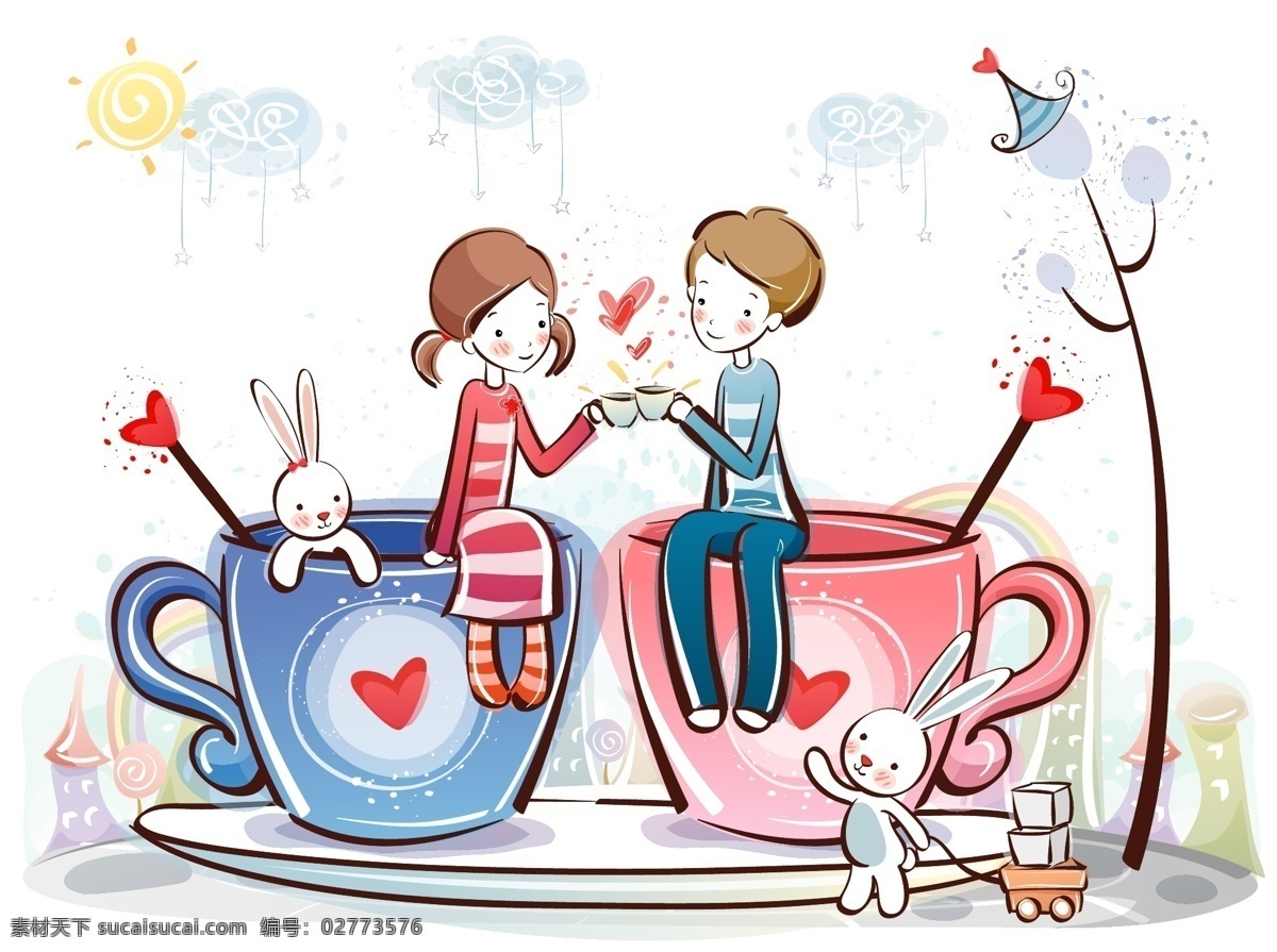 卡通可爱情侣 漫画 卡通女孩 卡通男孩 可爱 情侣 爱情 茶杯 对饮 小兔 恋爱 矢量 其他人物 矢量人物
