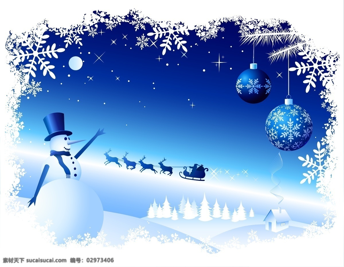 蓝色雪景 冬季雪景 蓝色背景 雪人 雪球灯 笔刷背景