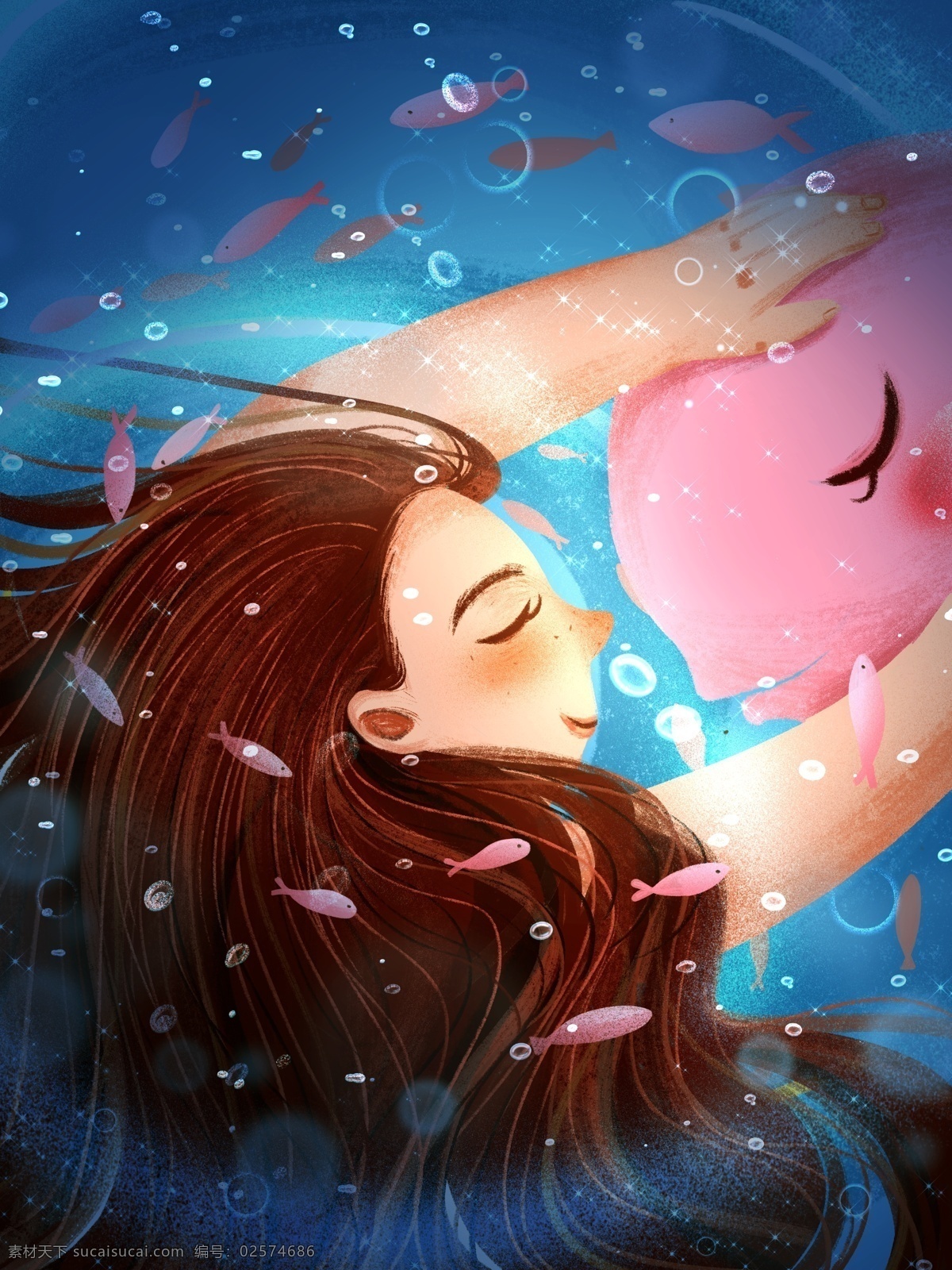 世界 海洋 日 拥抱 海豚 爱护 环保 插画 海报 小鱼 水底 长发 女孩 蓝色 大海 粉色 轻吻