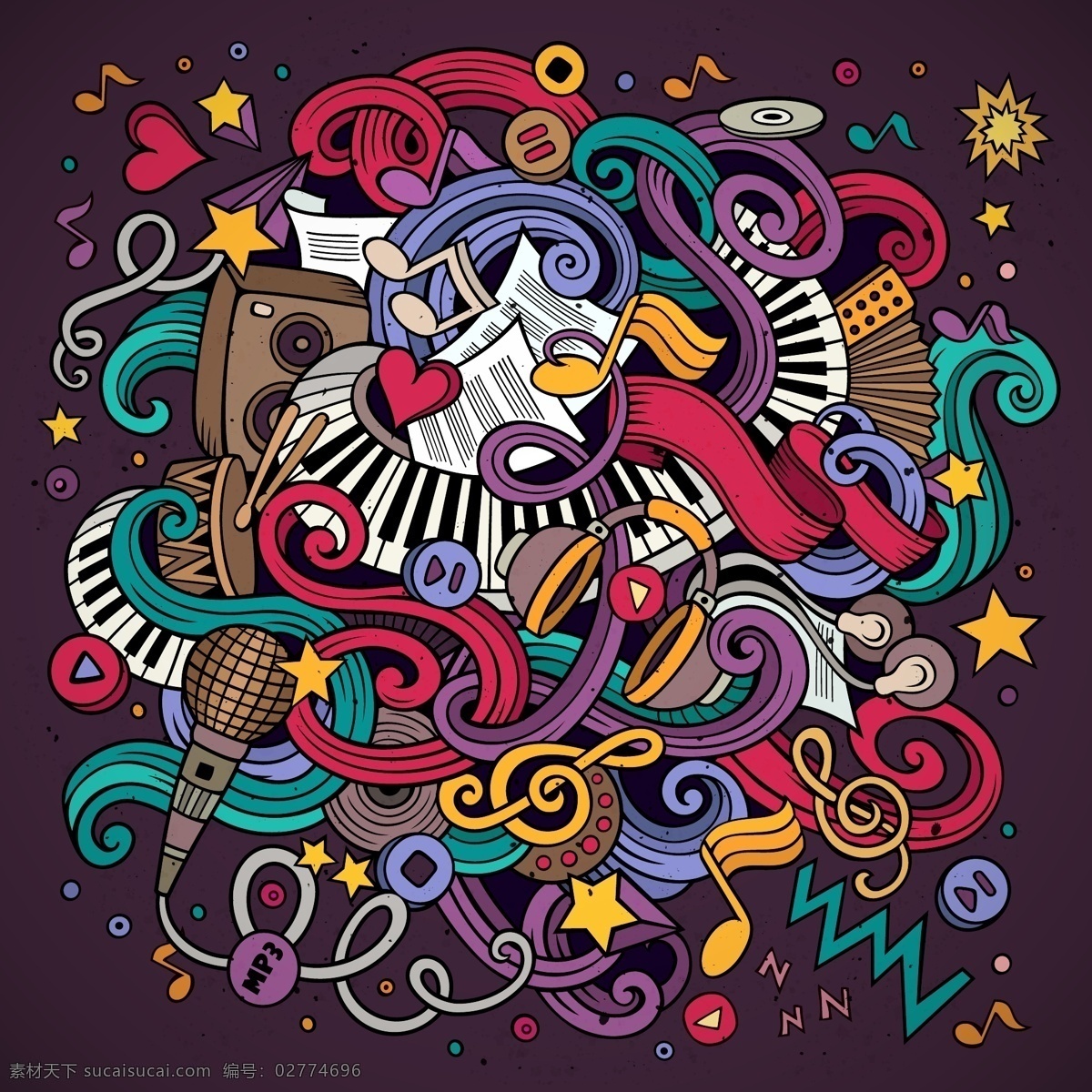 创意 时尚 复古 音乐 元素 彩色 底纹 乐器 涂鸦