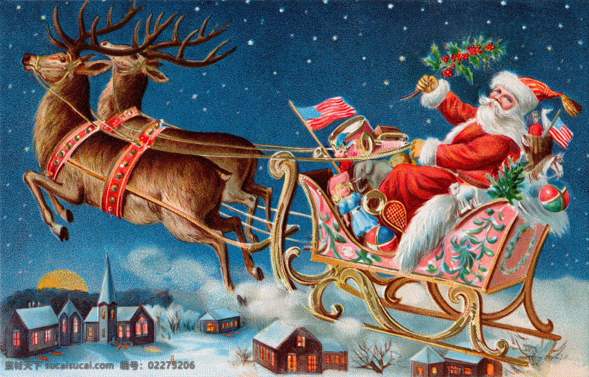 圣诞老人 圣诞节 驯鹿 雪橇 礼物 插画 插图 动漫动画 动漫人物
