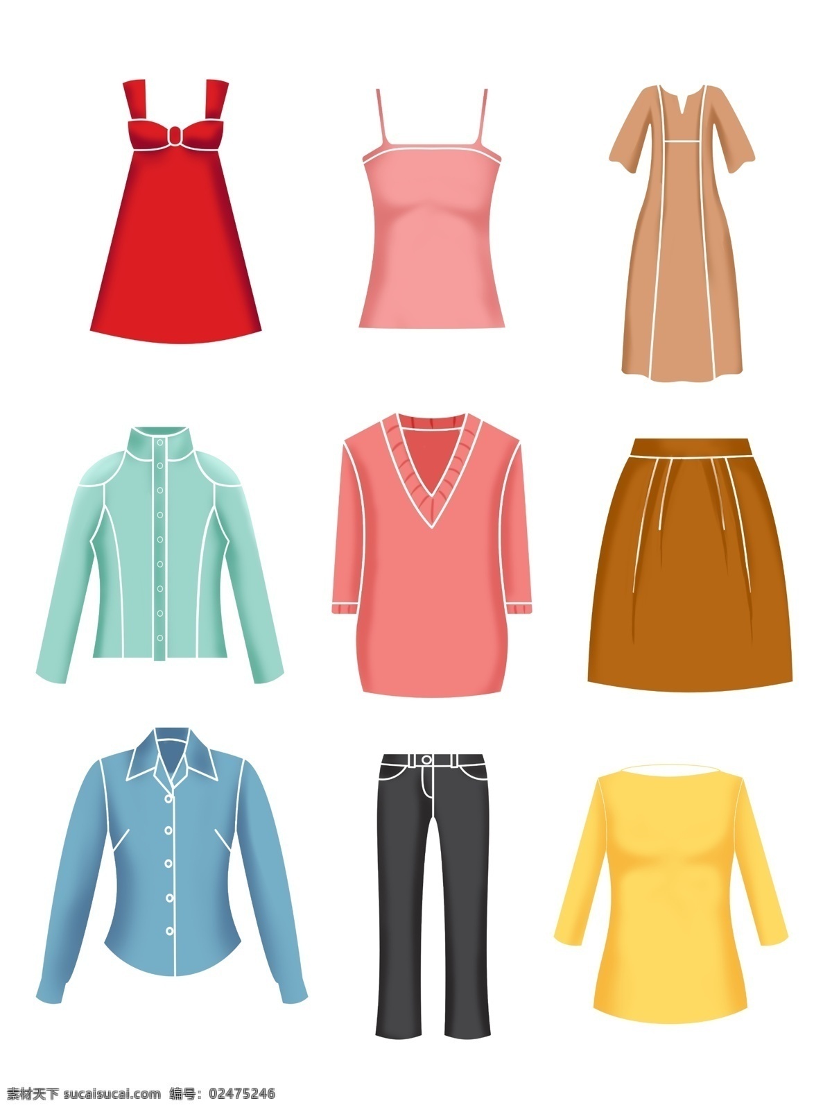 手机 卡通 生活用品 矢量 衣服 黄色 黑色 蓝色 绿色 手绘 矢量衣服 裙子 外套 上衣 裤子 短裙 粉色 咖色