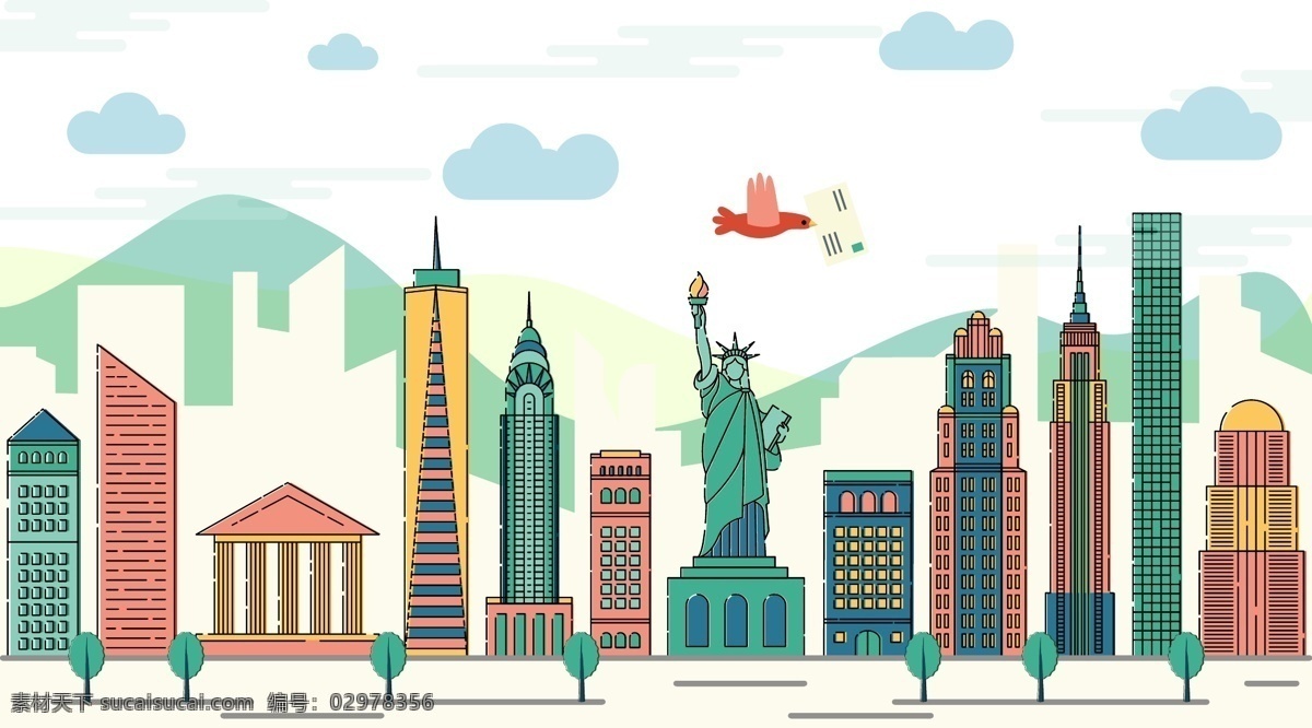 mbe 城市 风景 地标 美国 自由 女神 插画 自由女神 大厦 树木 鸽子 配图 手机壁纸