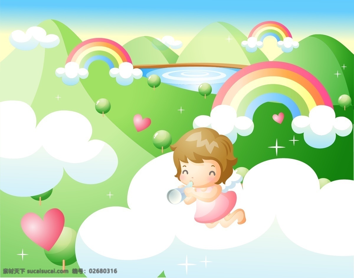 韩国 矢量 儿童 插画 白云 彩虹 韩国矢量儿童 小女孩 心形 矢量图 矢量人物