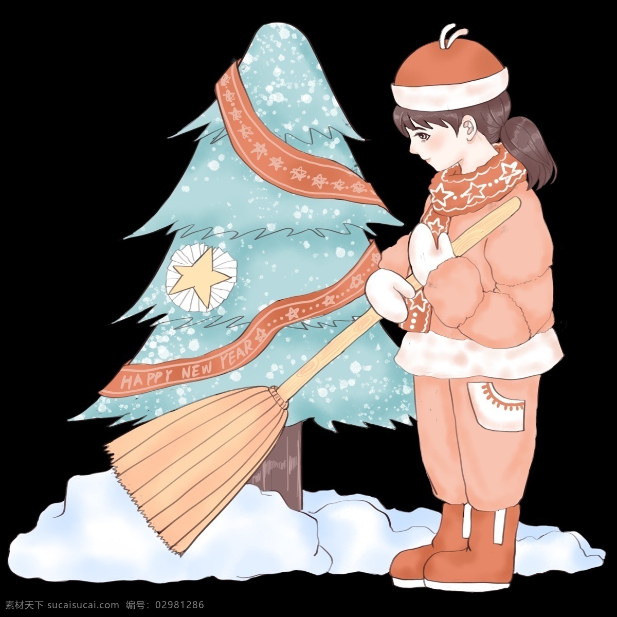 扫雪 手绘 插画 卡通 绿色的圣诞树 黄色的星星 黄色的扫帚 寒冷的冬天 红色的衣服 手绘插画