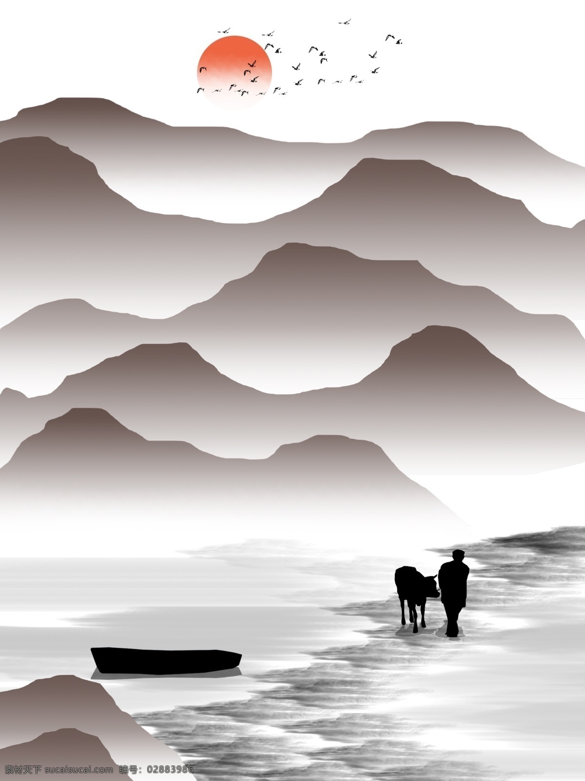 中式 山川 小路 河流 船只 装饰画 中式画 中国风 山川小路 一联画 人物 飞鸟 船只河流