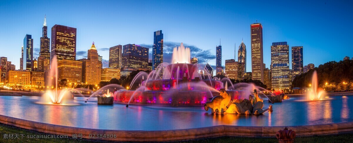 白金汉喷泉 天空 晚上 灯光 美国 喷泉 建筑 芝加哥 夜景 灯火通明 全景 高清 建筑园林 建筑摄影