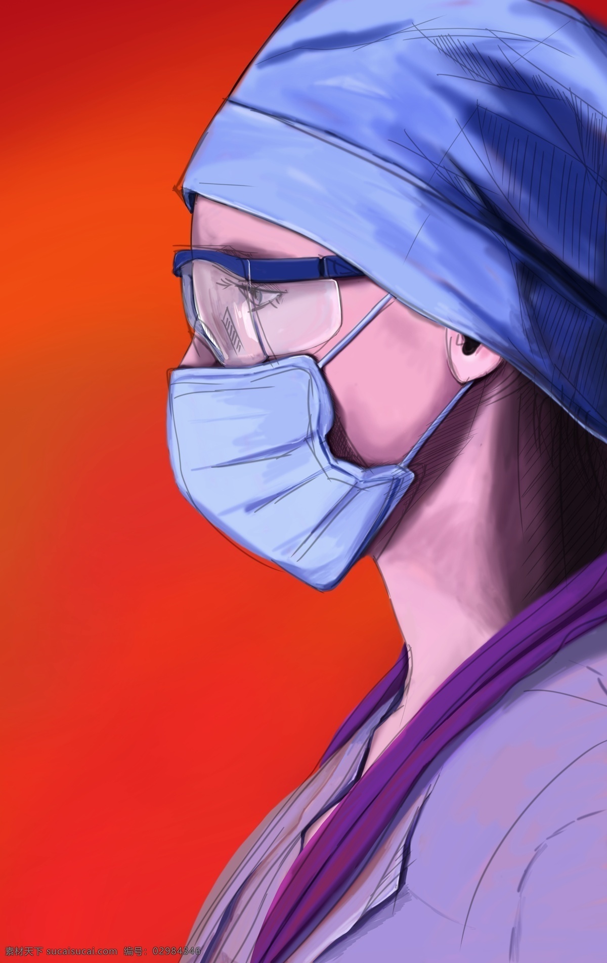 手绘医生 医物人员 口罩 医生医师 女性 手术帽 手术衣 隔离衣 医护人员 系带子 绑带子 防护保护 细菌病毒感染 医院卫生 团结协作 分层