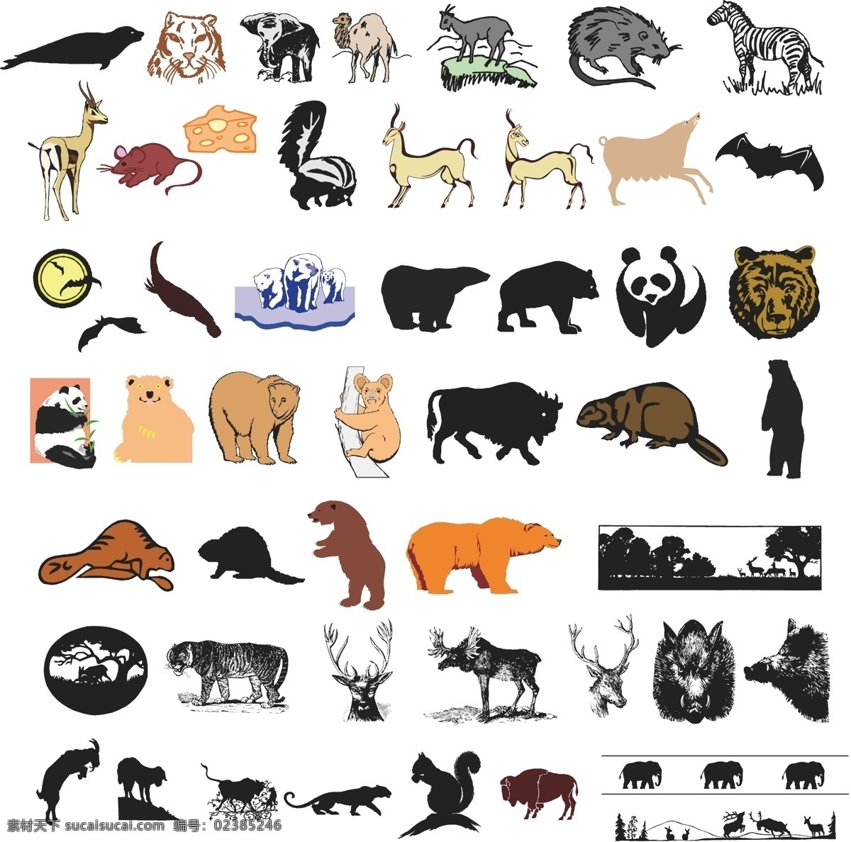 熊猫 狗熊 麋鹿 森林 动物 老虎 松鼠 北极熊 剪影 图标 标志 标牌 标识 欧式 动物图形元素 野生动物 生物世界 矢量