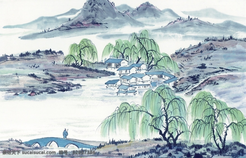 中国国画篇 山水 国画 水墨 群山 拱桥 垂柳 房屋 中国 篇 文化艺术 绘画书法